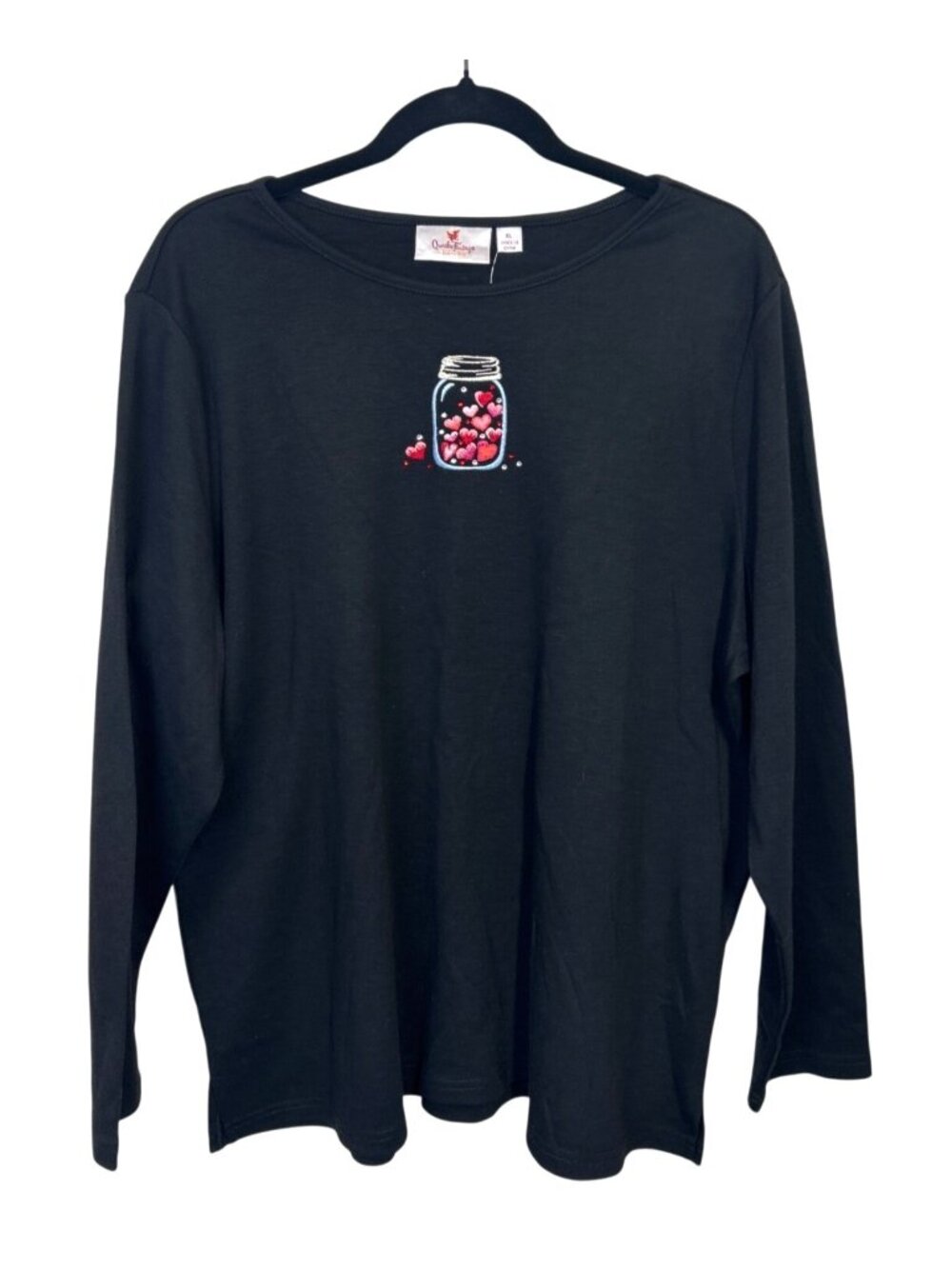 Quacker Factory Women's XL Black Long Sleeve Tee Heart Jar Embroidery Rhinestone